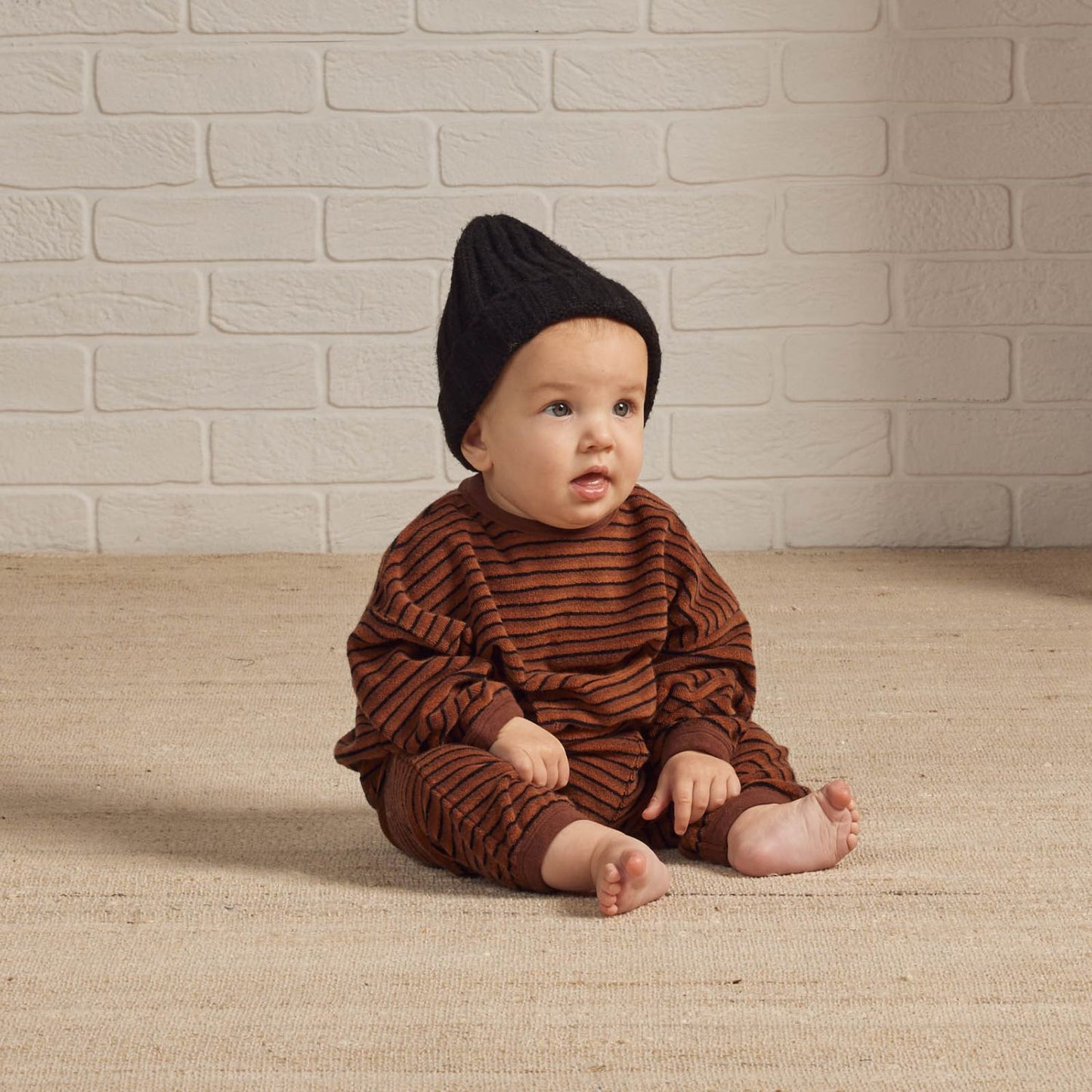 Baby wearing Rylee and Cru Relaxed Set - Retro Stripe - Cedar / Black