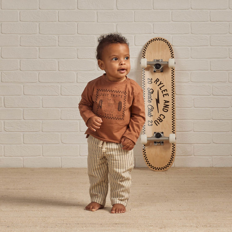Toddler wearing Rylee and Cru Ryder Pant - Slate Pinstripe