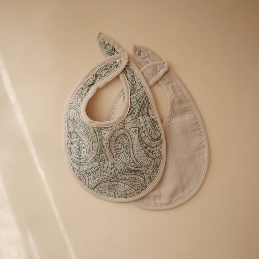 Mushie Muslin Bibs 2 - Pack - Green Paisley / Fog
