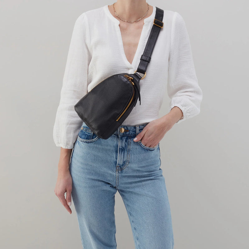 Woman Wearing Hobo Bags Fern Sling Crossbody Bag - Pebbled Leather - Black