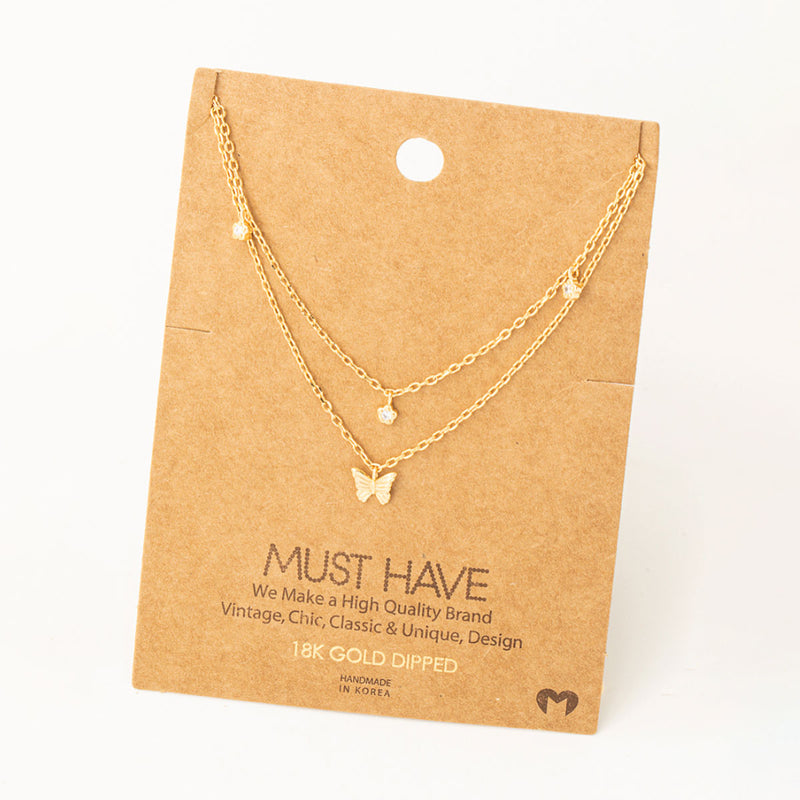 Fame Dainty Layered Chain Link Butterfly Charm Necklace - Gold