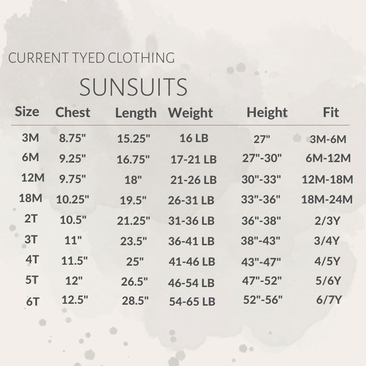 Size chart for Current Tyed Clothing The "Mila" Sunsuit Swimsuit