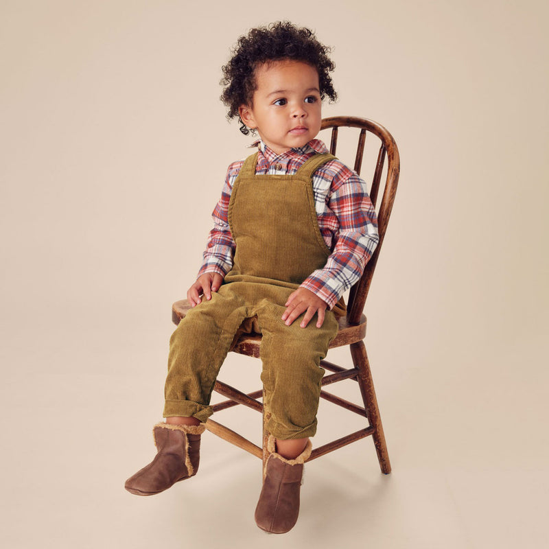 Little boy wearing Tea Collection Corduroy Baby Overalls - Raw Umber