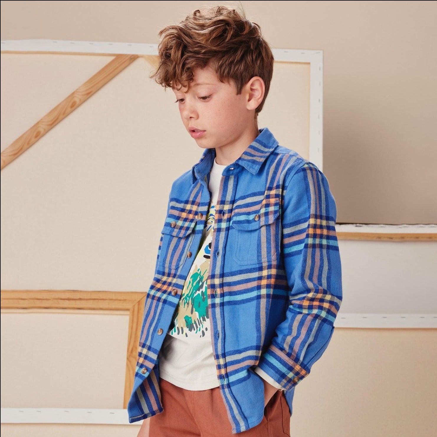 Boy wearing Tea Collection Flannel Button Up Shirt - Bleu Plaid