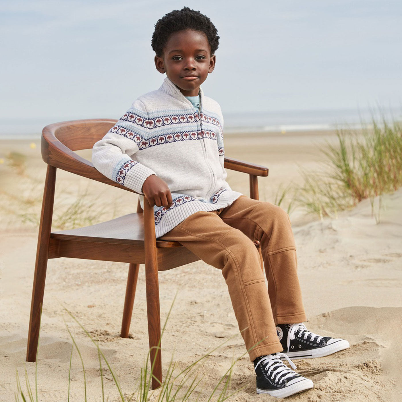 Boy wearing Tea Collection Toasty Traveler Zip Sweater - Light Grey Heather