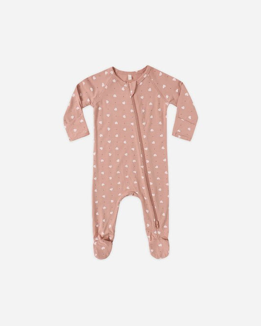 Quincy Mae Bamboo Zip Footie - Pink Hearts