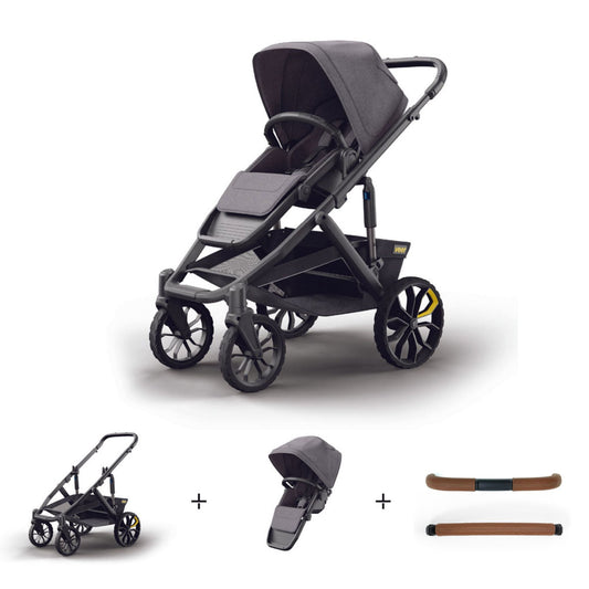 Veer Switch&Roll Leather Kit Luxe Bundle - &Roll Stroller Frame / Switchback Seat Luxe / Genuine Napa Leather Grips for Handle and Armbar - Saddle - Gray Granite