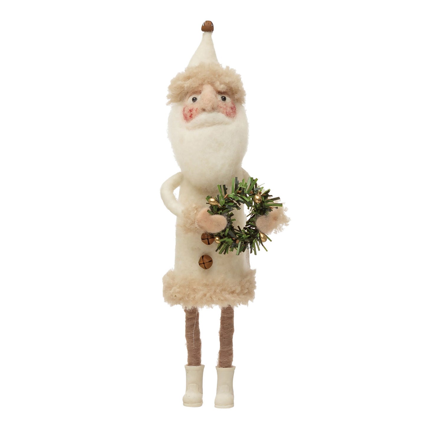 Creative Co-op Wool Felt Santa Decoration - Cream Outfit with Jingle Bell Buttons and Wreath