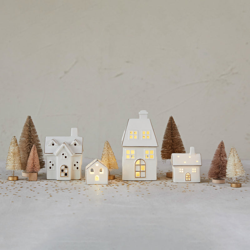 Creative Co-op Stoneware Village with LED Lights - White with Gold Electroplating
