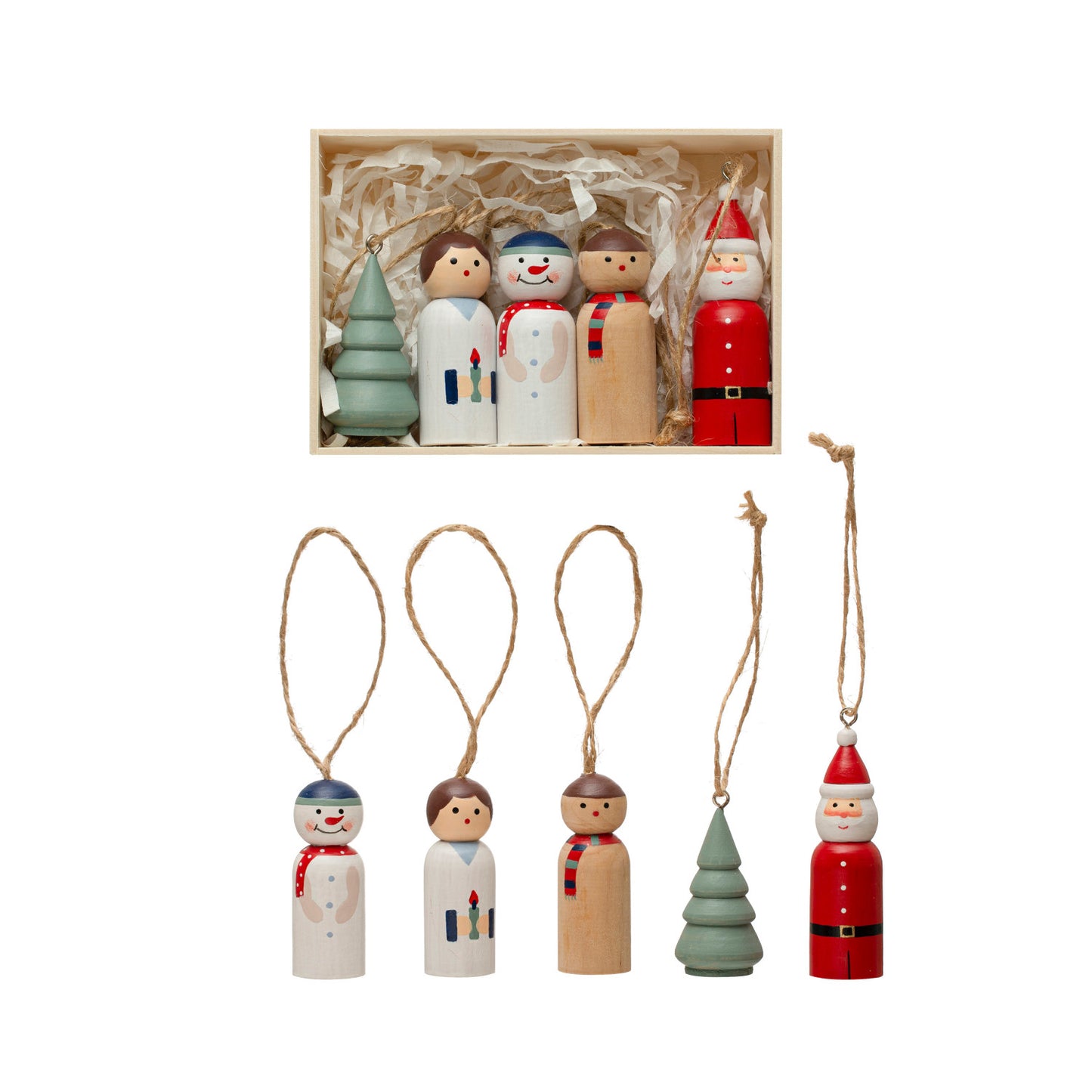Creative Co-op Pine Wood Christmas Ornaments - Multi Color - Set of 5
