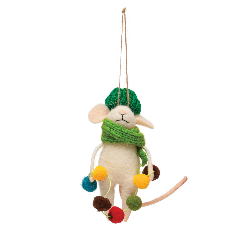 Creative Co-op Wool Felt Mouse in Outfit Ornament - Green Hat and Scarf with Garland