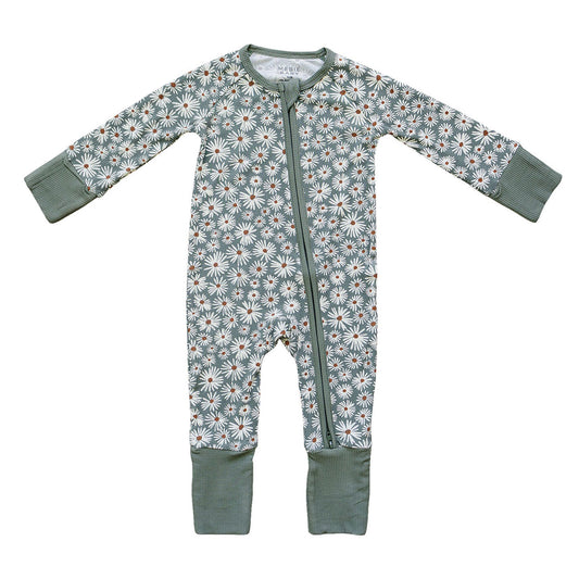 Mebie Baby Ribbed Bamboo Zipper Pajama - Dark Green Daisy