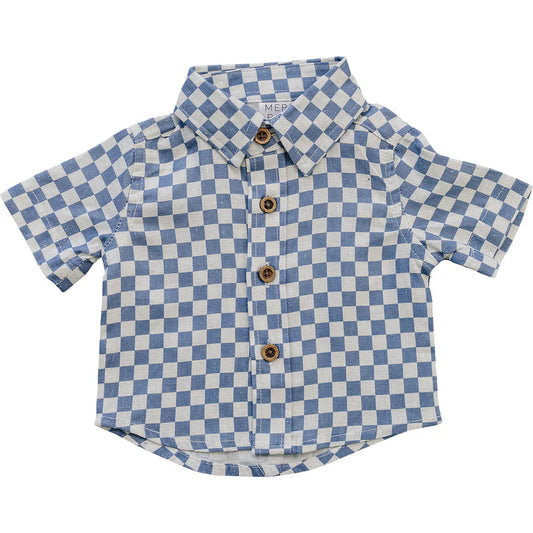 Mebie Baby Blue Checkered Linen Button Up