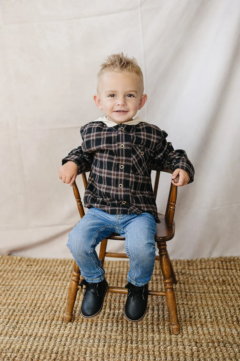 Mebie Baby Dark Plaid Hooded Button Up Shirt