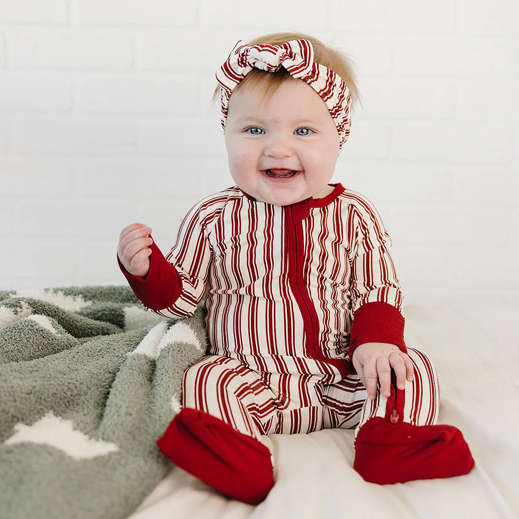 Mebie Baby Bamboo Zipper Footie - Red Stripes
