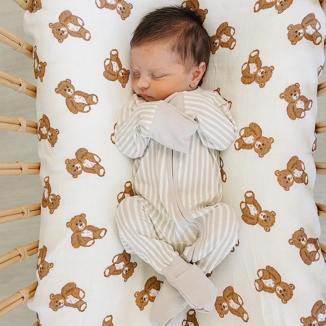 Mebie Baby Ribbed Bamboo Zipper Footie - Taupe Stripe