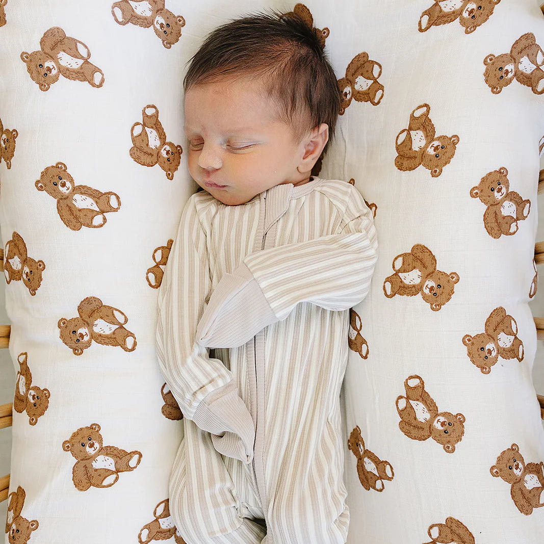 Mebie Baby Ribbed Bamboo Zipper Footie - Taupe Stripe