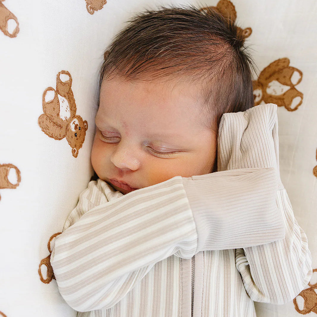 Mebie Baby Ribbed Bamboo Zipper Footie - Taupe Stripe