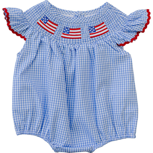 Mebie Baby Flag Gingham Smocked Bubble Romper