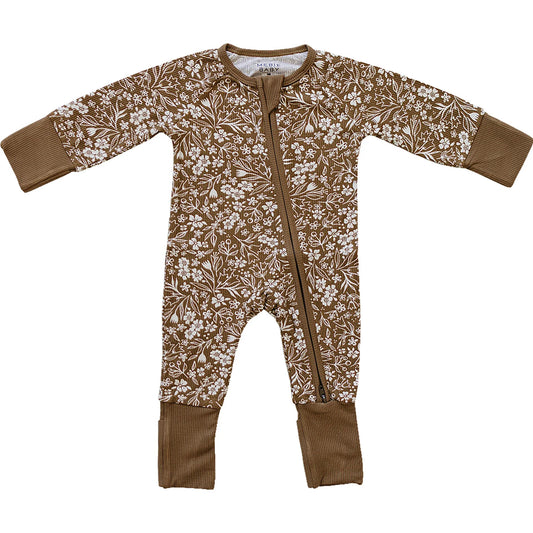 Mebie Baby Ribbed Bamboo Zipper Pajama - Brown Floral