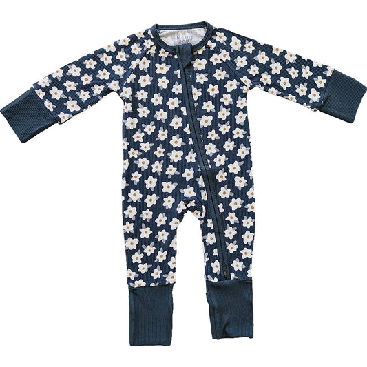 Mebie Baby Ribbed Bamboo Zipper Pajama - Navy Daisy