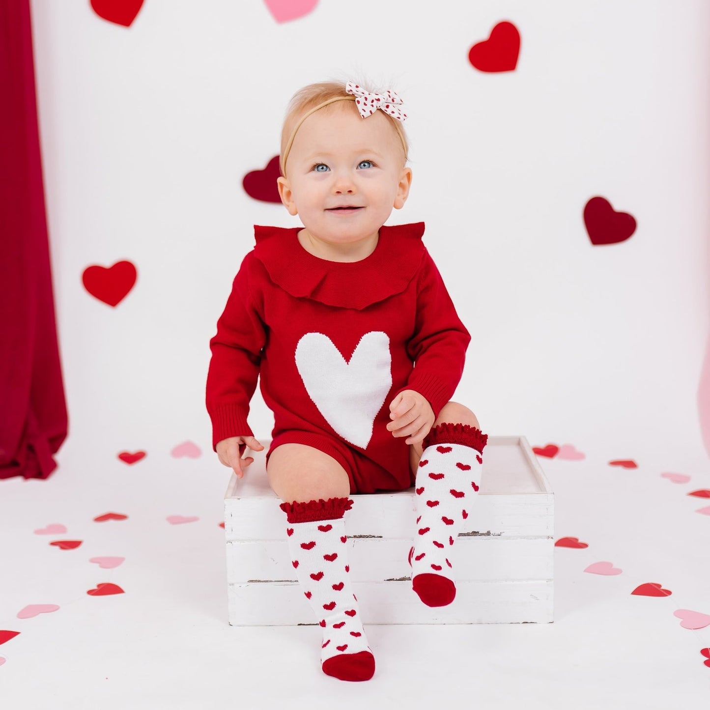 Baby girl wearing Little Stocking Co Knee High Socks - True Love Lace Top