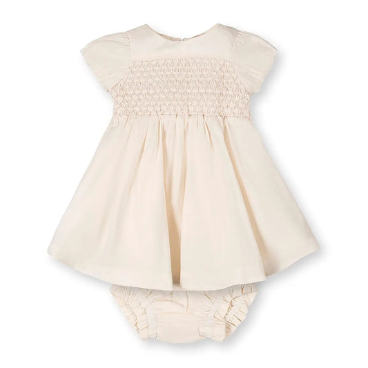 Hope and Henry Organic Smocked Puff Sleeve Dress - Natural with Pink