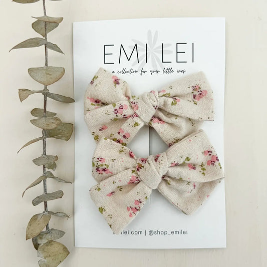 Emi Lei Pigtail Bow Set - Alligator Clip - Natural Floral