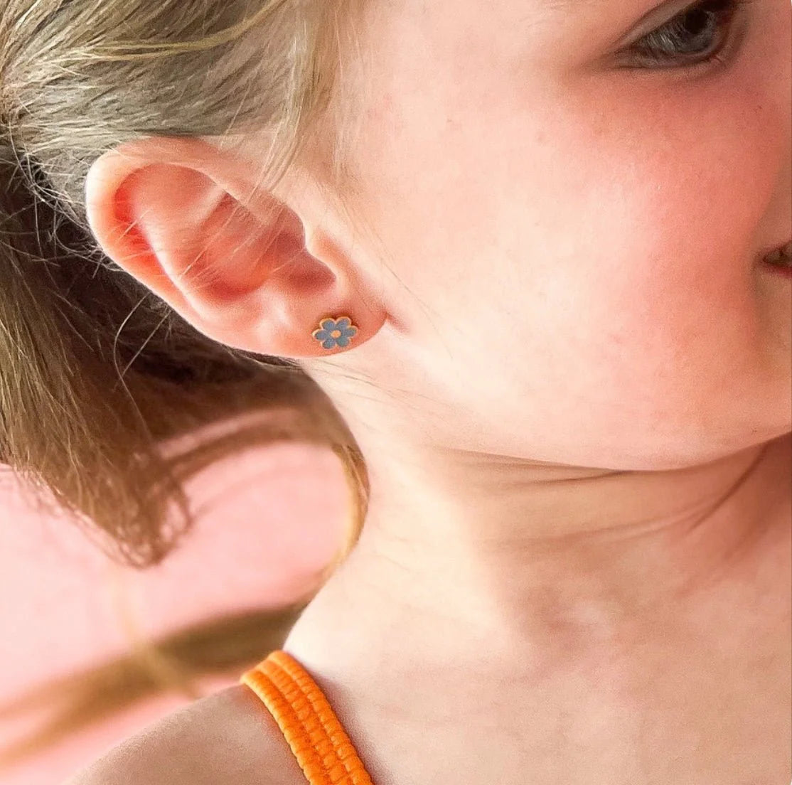 Little girl wearing Pierced Co Flower Screw Back Child Earrings - Blue