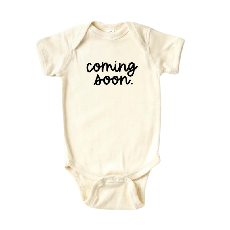 Saved By Grace Co Baby Announcement Onesie - Coming Soon - Black Cursive