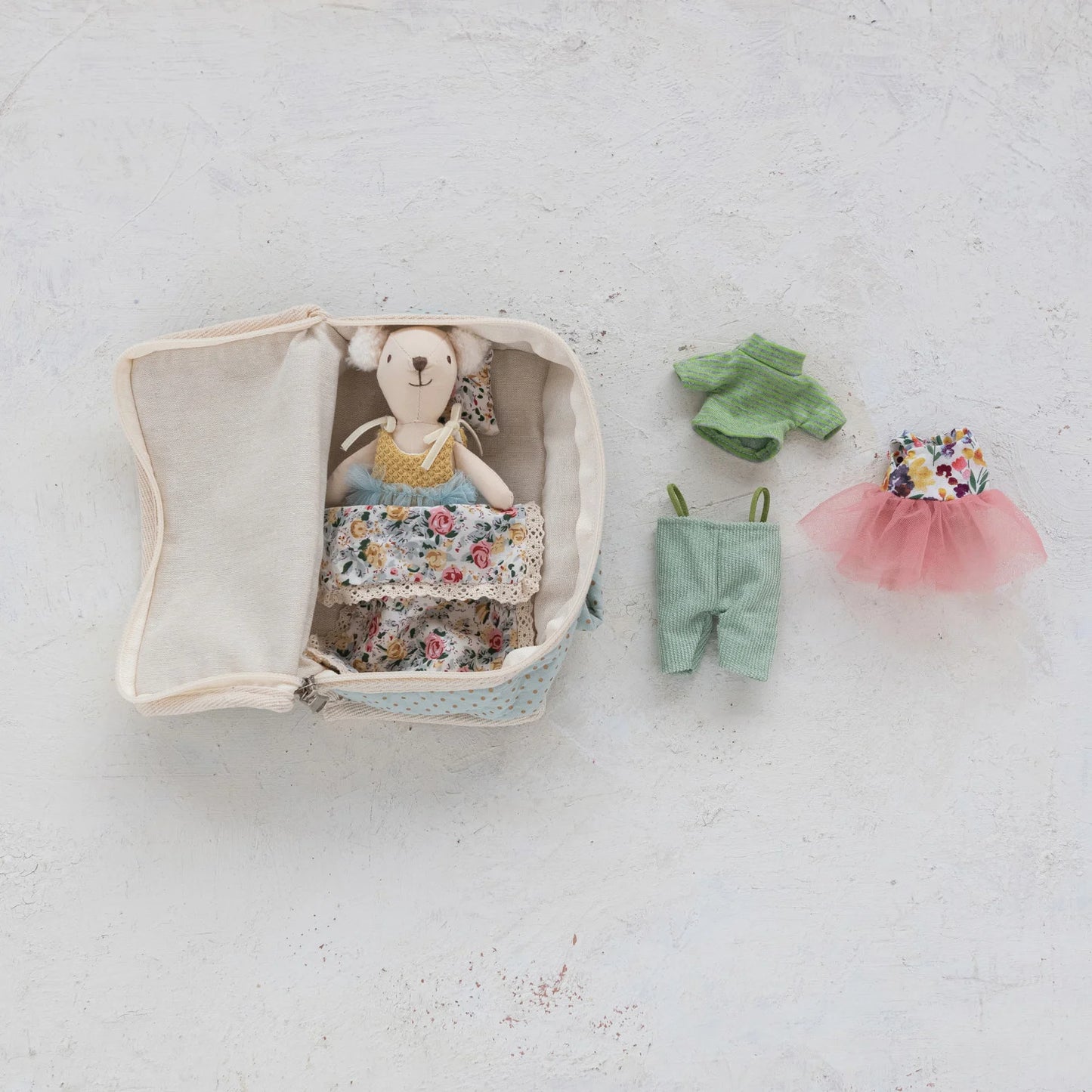 Creative Co op Fabric Zip Suitcase Bed with Plush Bunny & Outfits