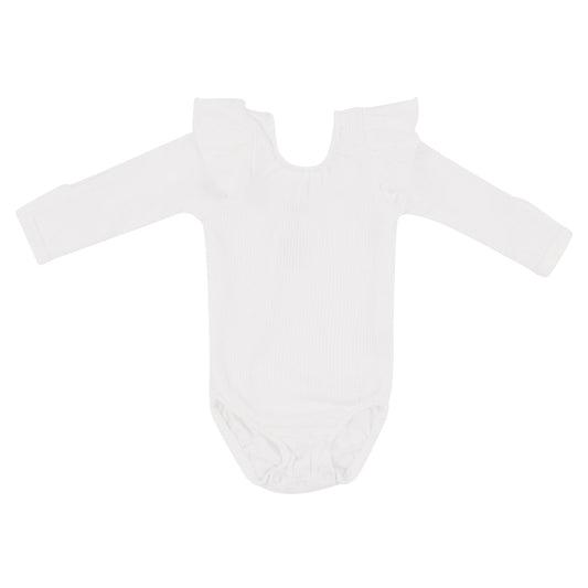 Kyte BABY Ribbed Long Sleeve Ruffle Leotard - Cloud