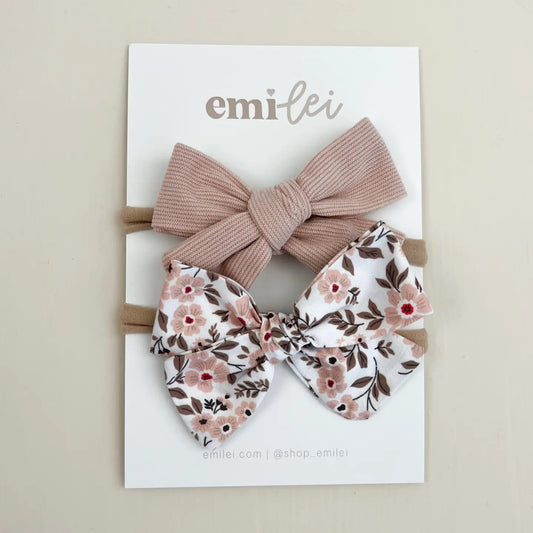 Emi Lei Nylon Stretchy Bow Headband Set - Blush Floral / Blush Cord