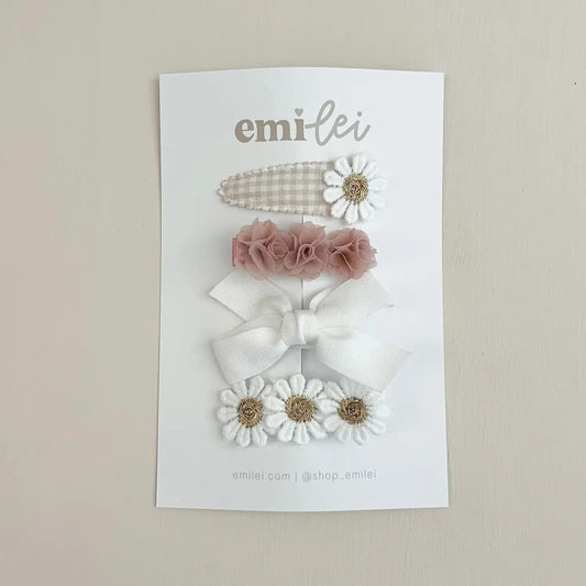 Emi Lei Hair Clips - Set of 4 (Gingham Daisy, Rose Pom, White Bow, Daisy Trio) - #3