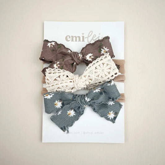 Emi Lei Nylon Stretchy Bow Headband Set of 3 - Cream Lace / Brown Wild Flower/ Blue Daisy