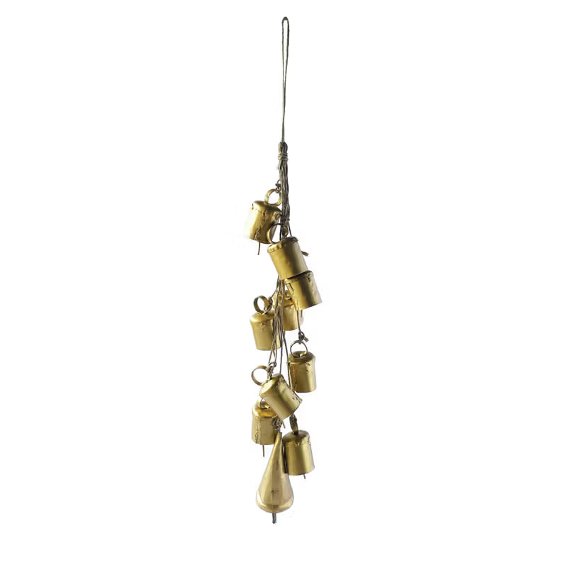 Creative Co-op Hanging Metal Bells on Jute Rope -  Gold Finish