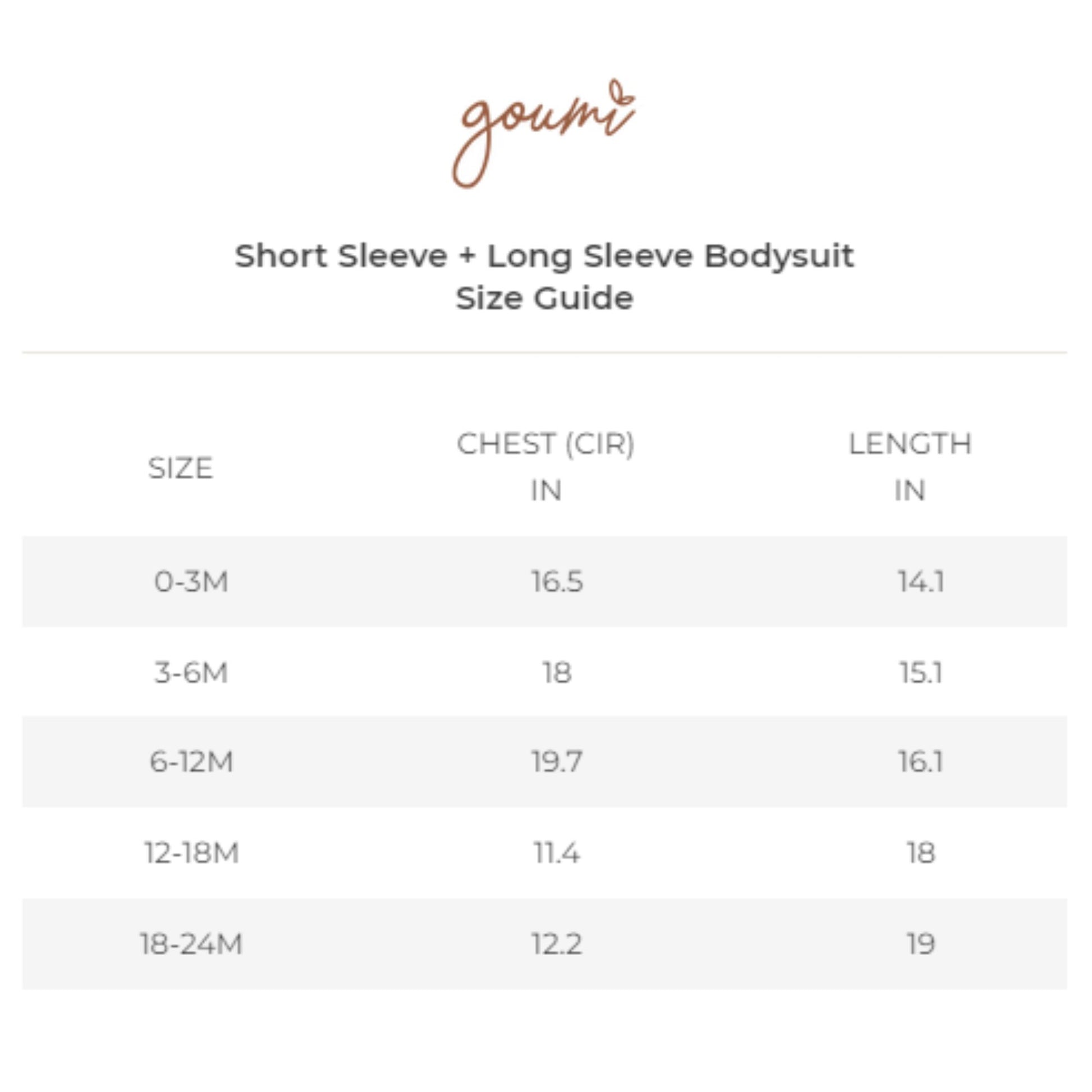 goumikids Long Sleeve Bodysuit - Trail Mix size guide