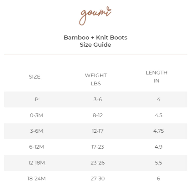 goumikids Knit Boots - Bark Size Guide
