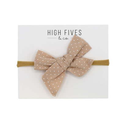 High Fives Printed Linen Bow Nylon Headband - Beige / White Dot