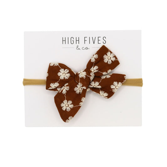 High Fives Floral Linen Bow Nylon Headband - Embroidered Daisy Rust