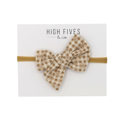 High Fives Printed Linen Bow Nylon Headband - Taupe Floral Mini Gingham