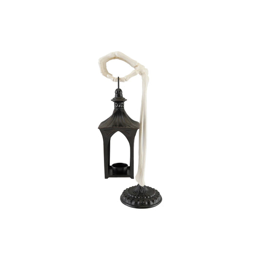 Creative Co-op Metal Lantern Tealight Holder with Skeleton Hand – Black & White