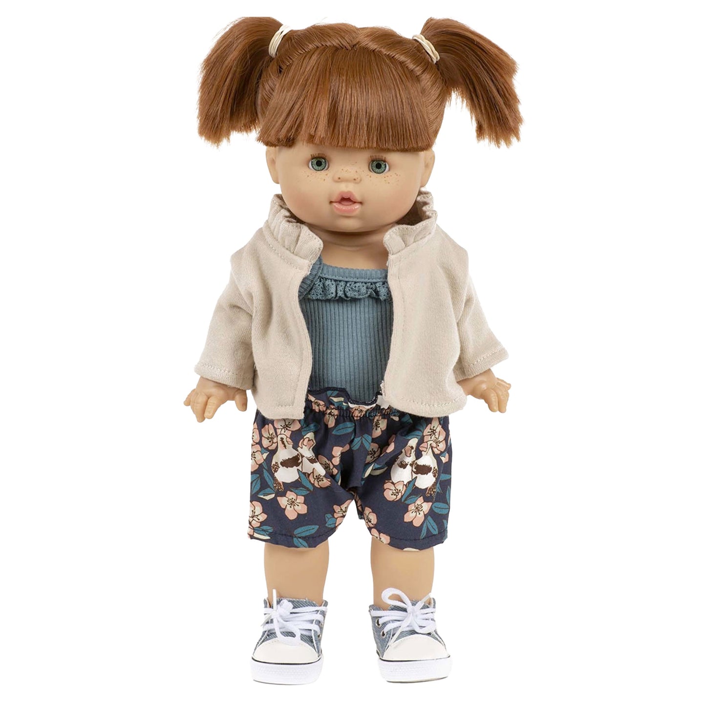 Doll wearing Minikane Doll Clothing - Claudia Cardigan - Linen Fleece