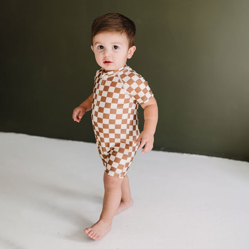 Mebie Baby Zipper Swim Suit - Rust Checkered