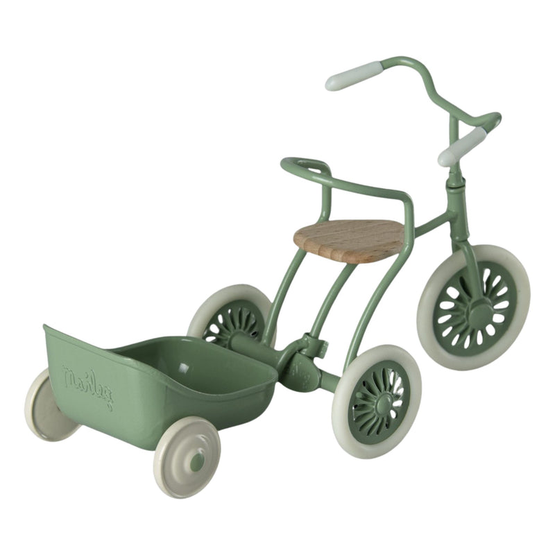 Maileg Mouse Tricycle Hanger - Green attached to tricycle