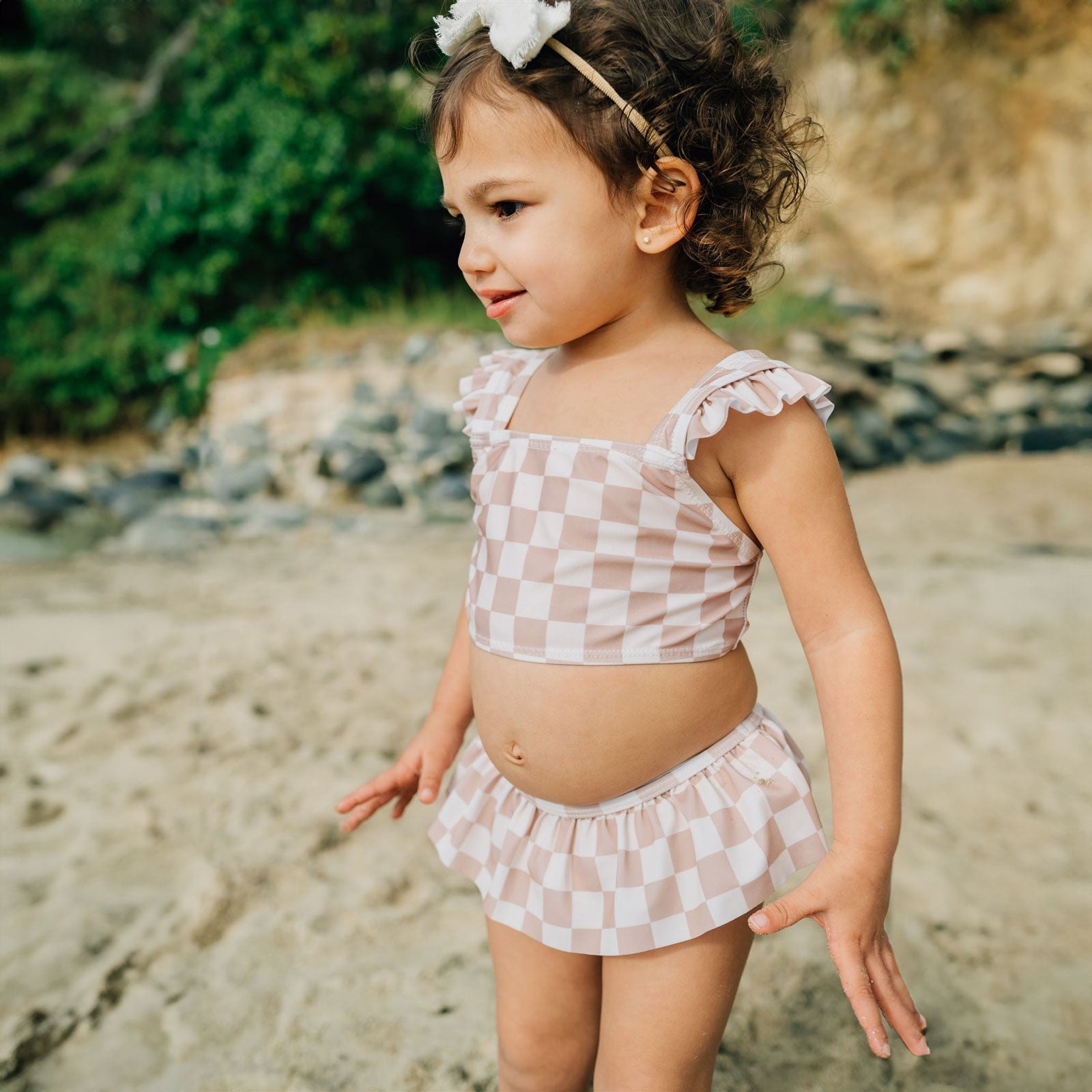 Mebie Baby Ruffle Bikini Set - Taupe Checkered