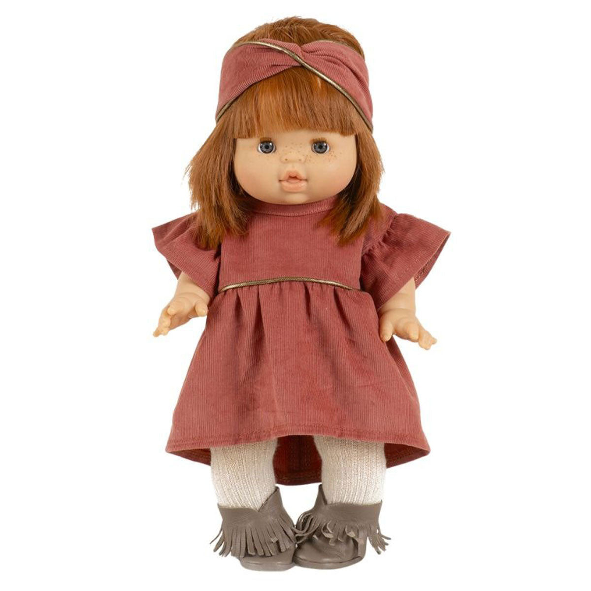 Doll wearing Minikane Doll Clothing - Daisy Dress and Headband Set - Marsala Milleraies with Golden Piping