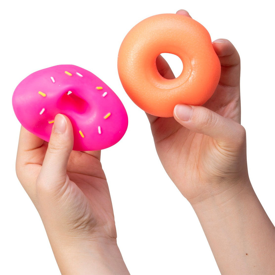 Person holding Schylling NeeDoh Dohnuts - Orange with Pink Frosting and Sprinkles