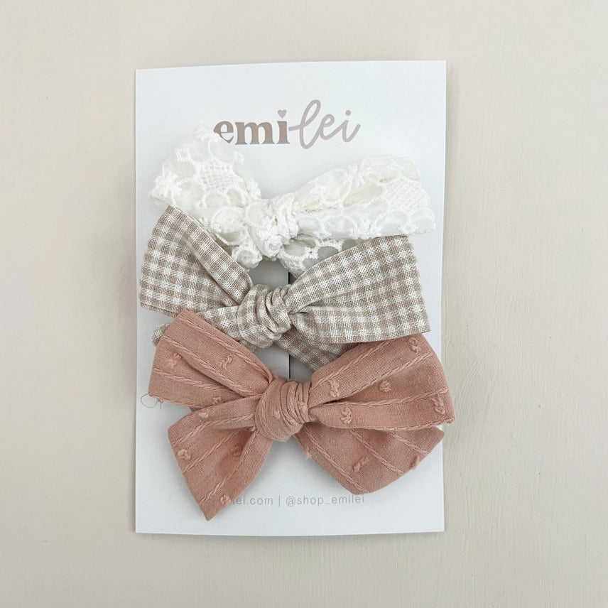 Emi Lei Alligator Clip Bow Set of 3 (#2) Lace/taupe Mini / Rose Mauve