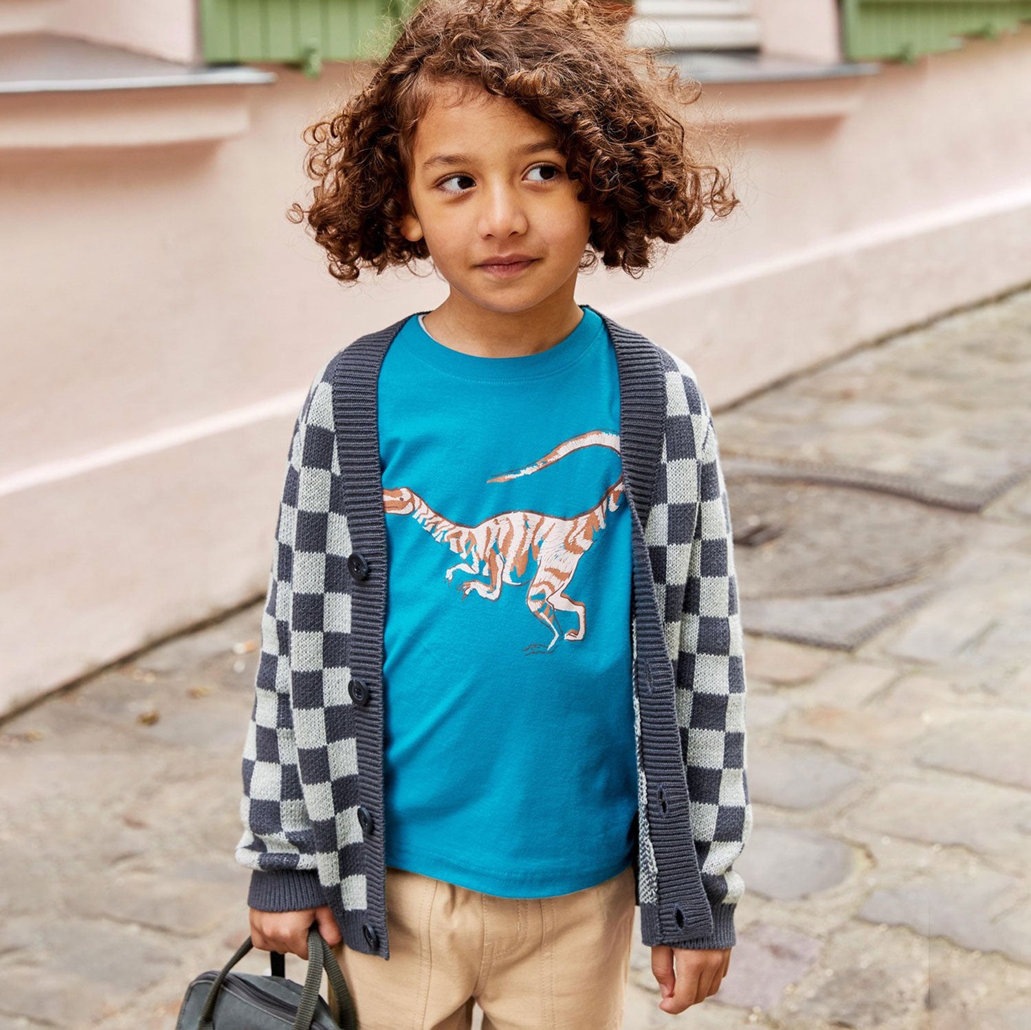 Little boy wearing Tea Collection Checkerboard Cardigan - Checkerboard